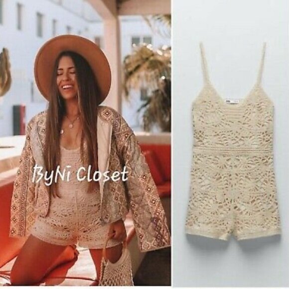 Zara Short Crochet Jumpsuit Romper Cream NWT Size Medium - Picture 4 of 12